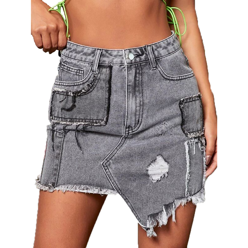 Fashionable jeans skirt with holes and buttocks