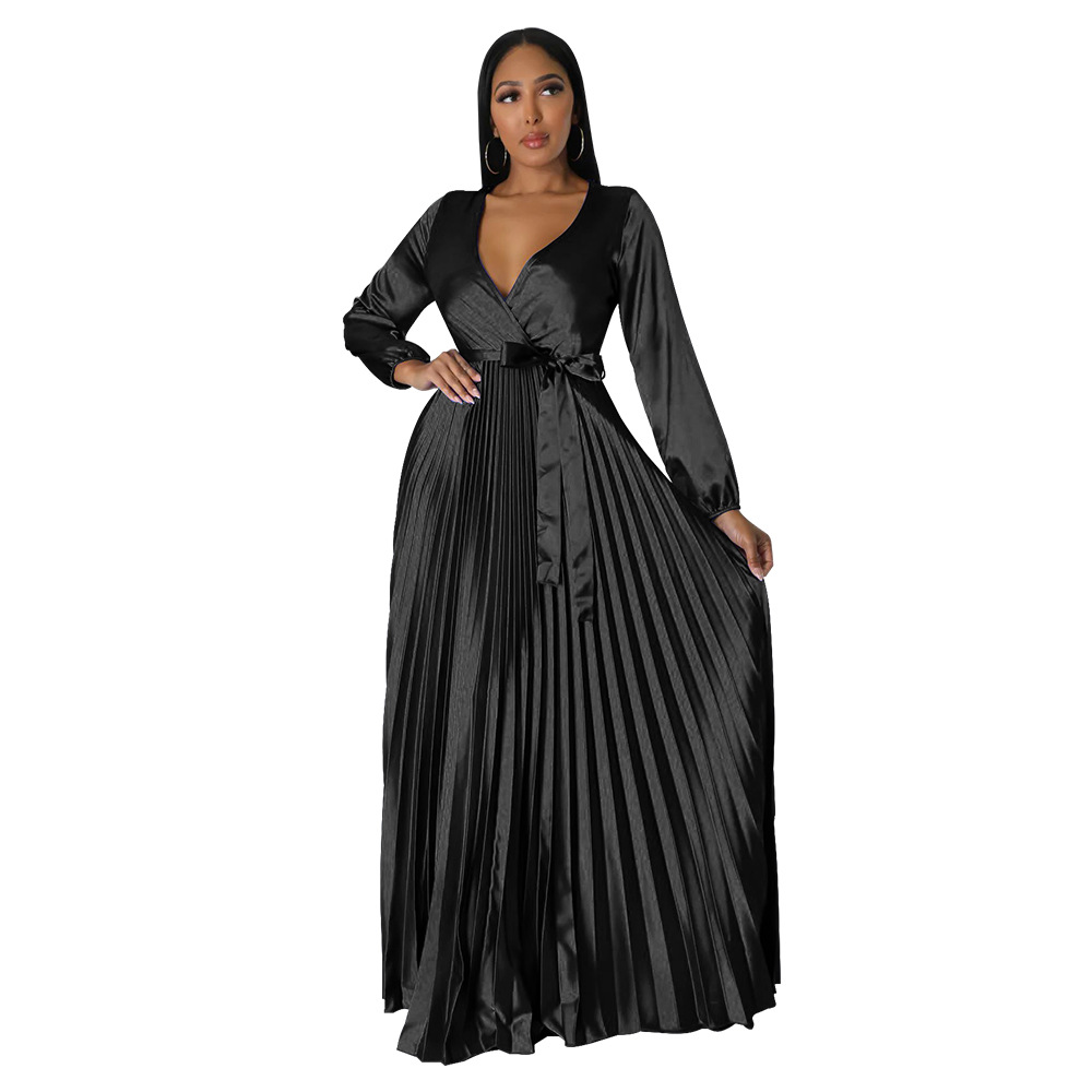 Plus Size Dress Europe and America cross border Amazon fall V neck lantern sleeve pleated dress