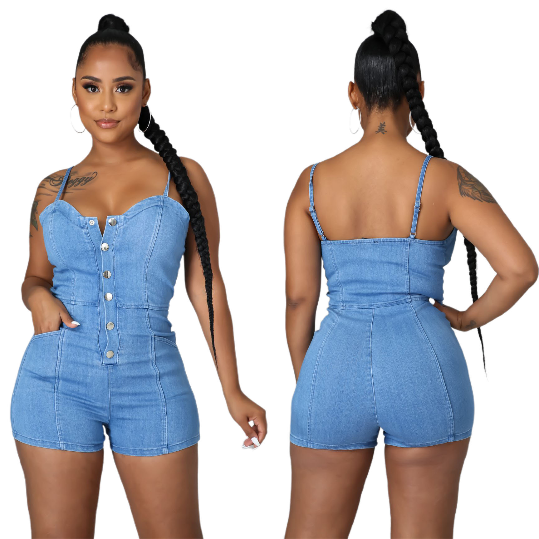 Casual high elastic denim suspender Jumpsuit