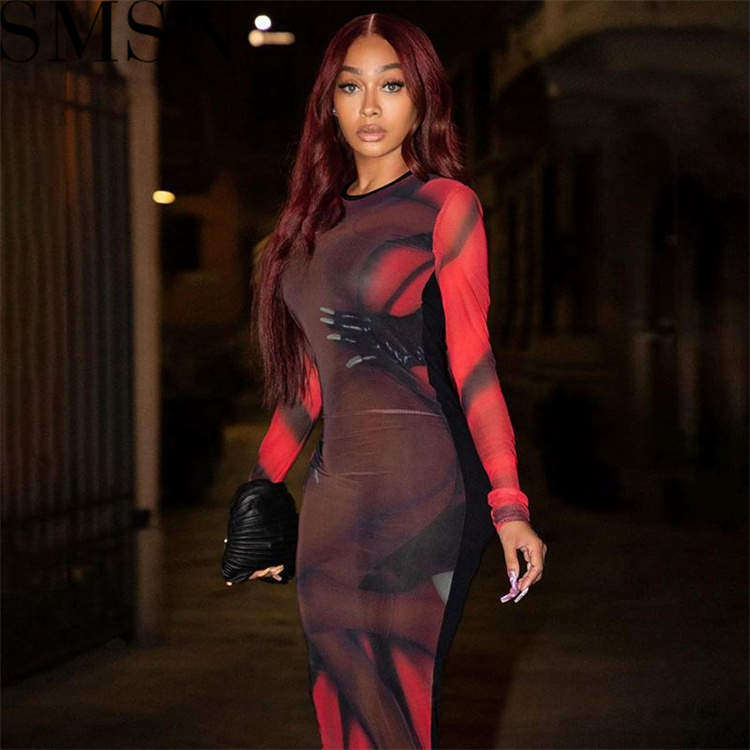 Plus Size Dress autumn fashion street style contrast color fit long sleeve long dress wholesale