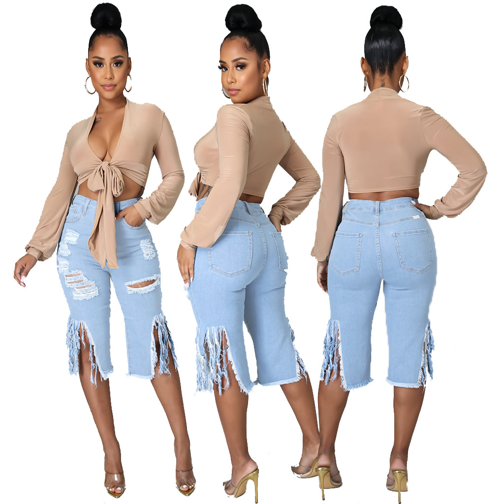 Fashion wash hole tassel High Waist Stretch Jeans