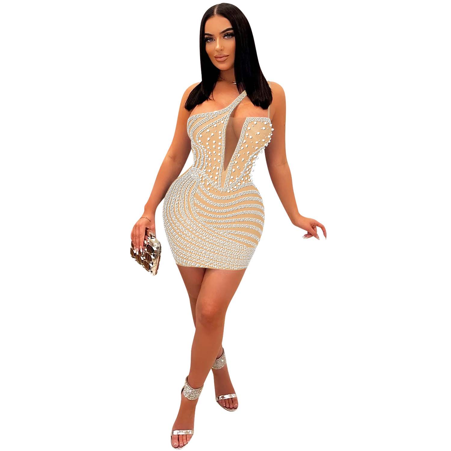 Casual Dress fashion sexy nightclub hot rhinestone diagonal collar mesh see through midi dress