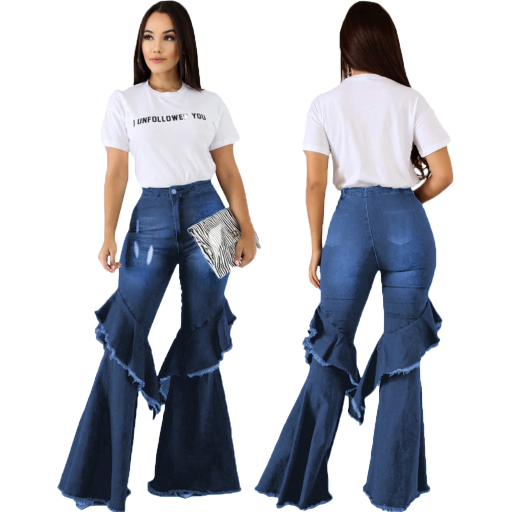 Fashion denim flared pants with hole stitching