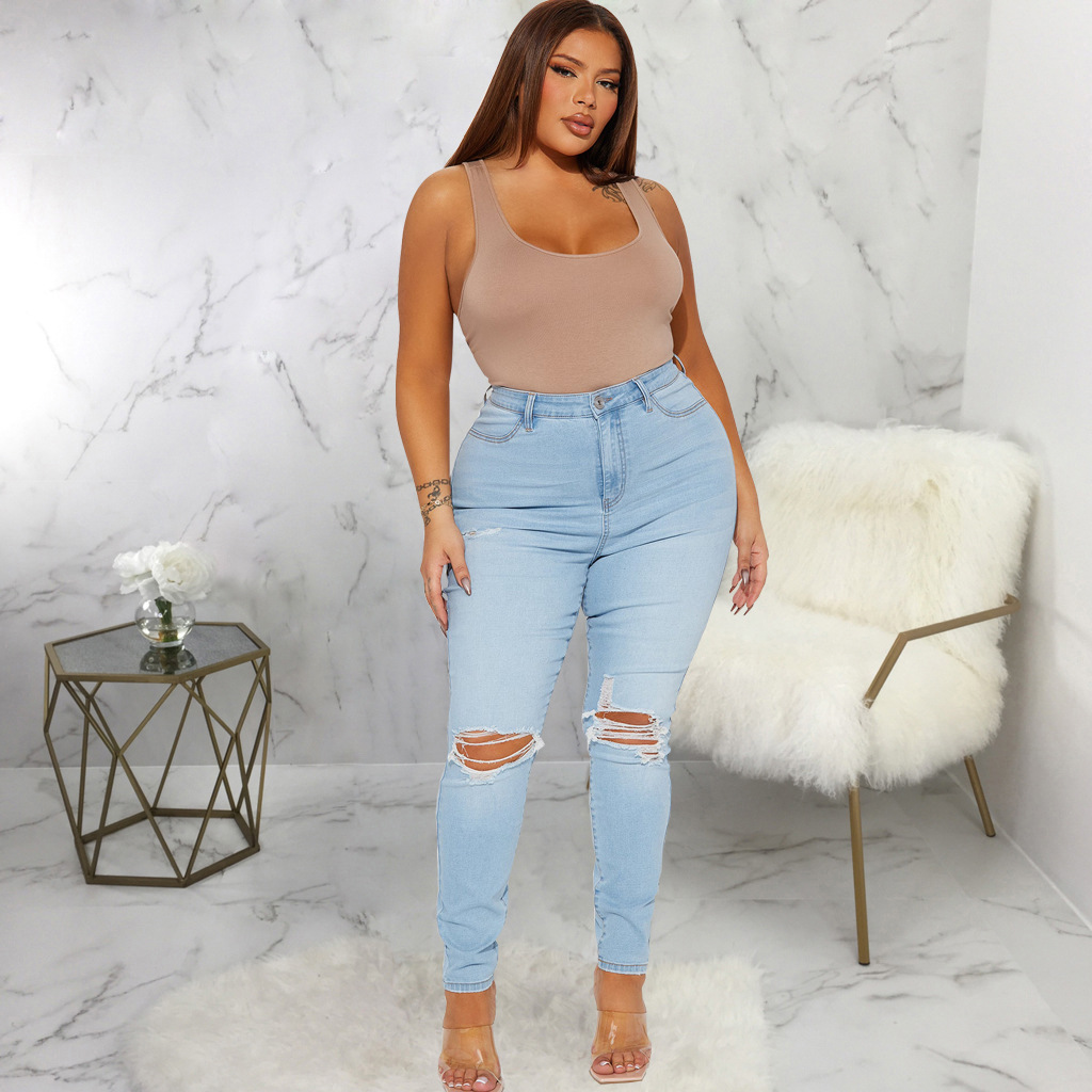 Fashion slim hole stretch jeans Slim-fit pants