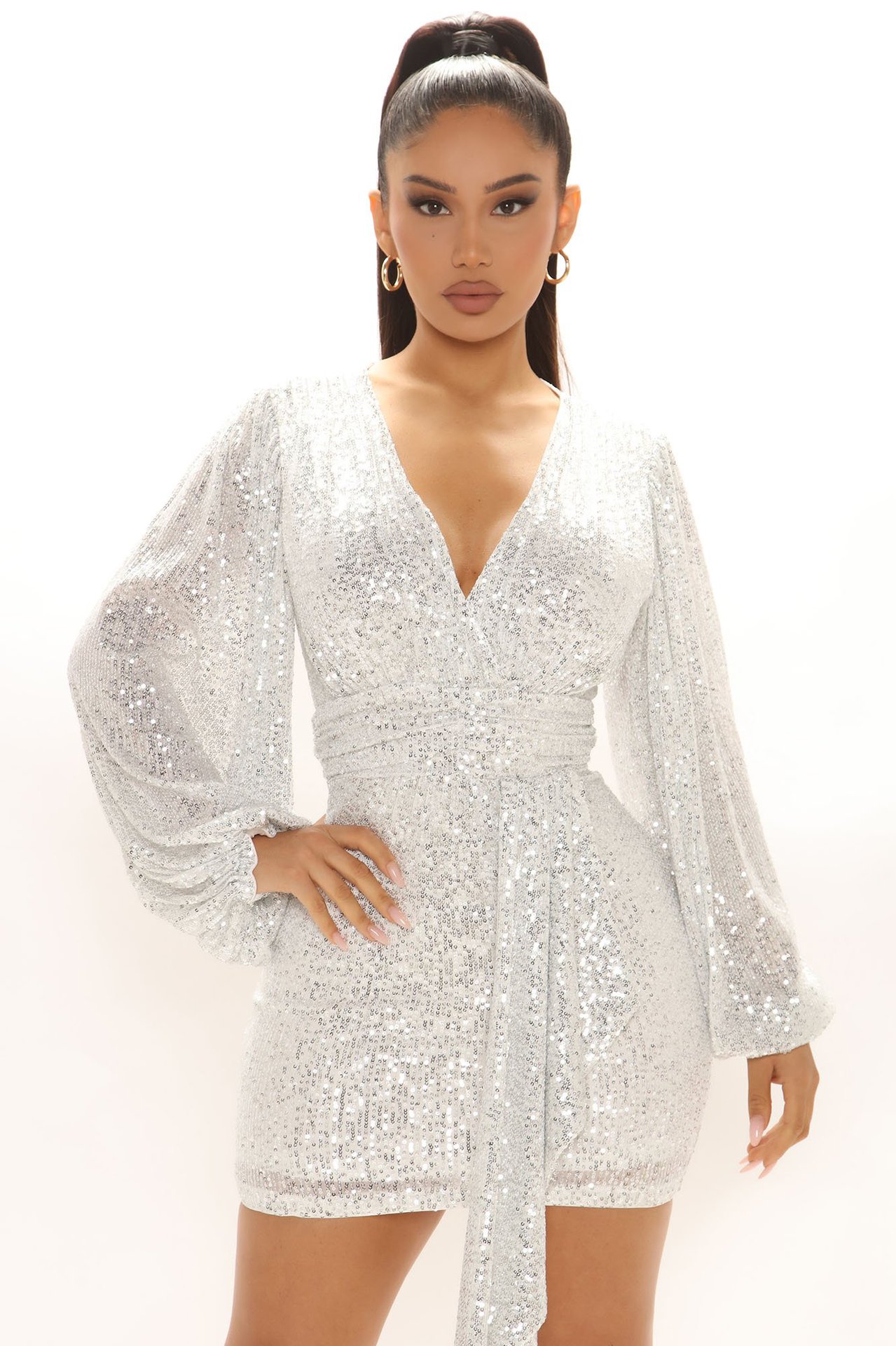 Plus Size Dress cross border sequin dress sequined V neck long sleeve nightclub sexy dress