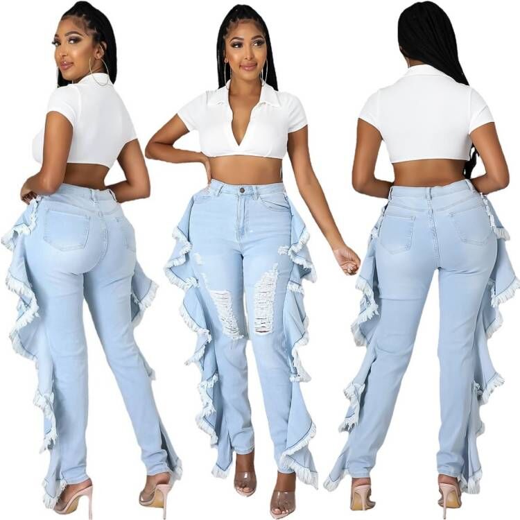 Tassels wash holes slim sexy jeans