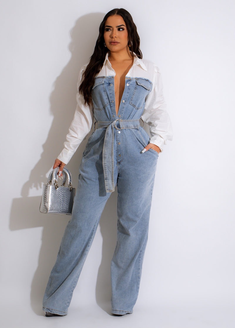 Fashion casual denim patchwork large jumpsuit with belt