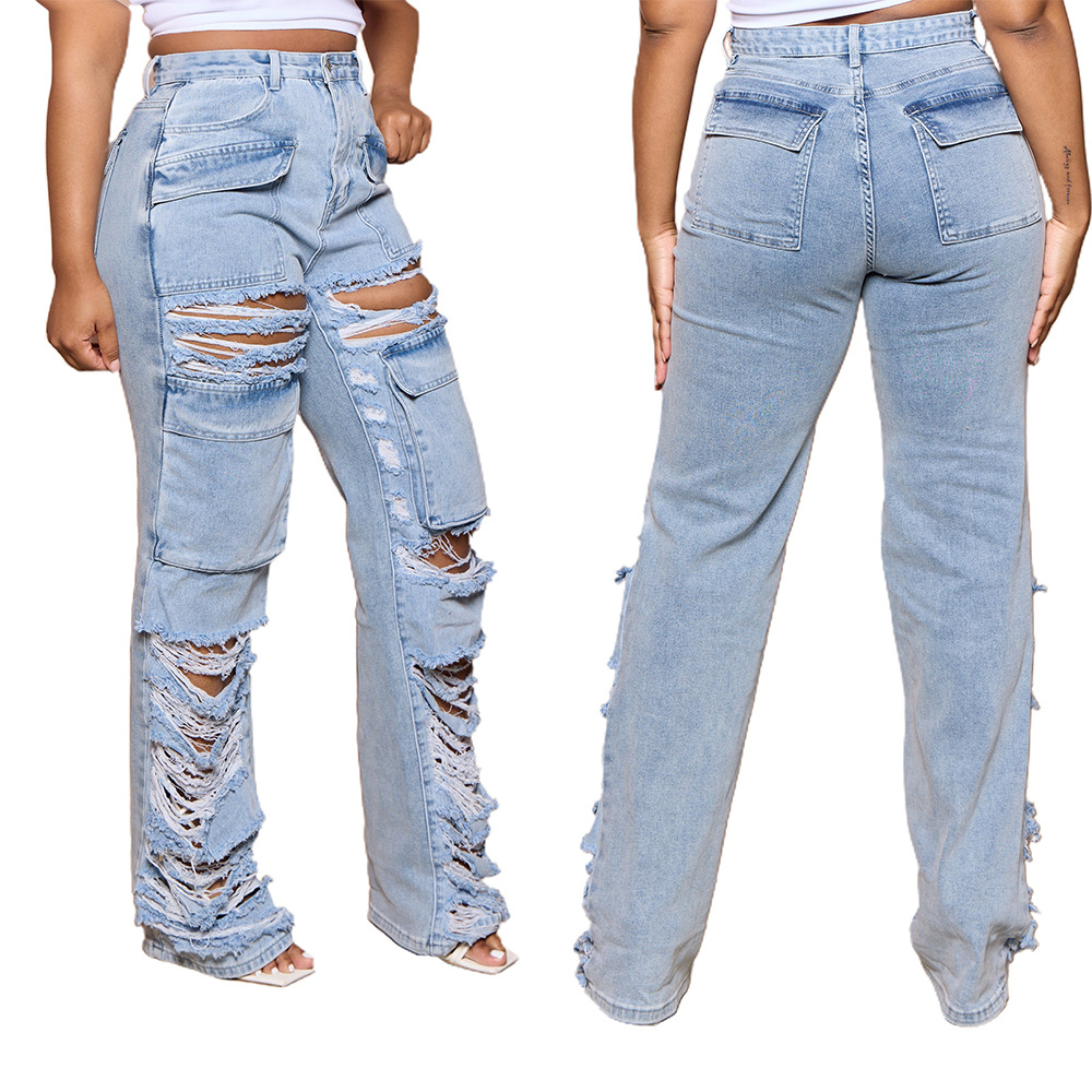 Fashionable loose fitting high waisted wide leg torn jeans