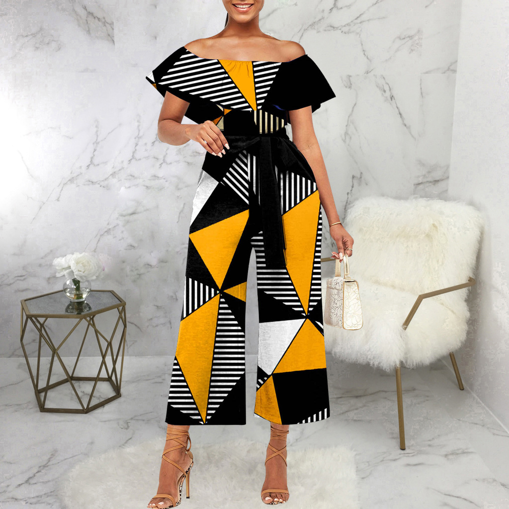 Sexy and fashionable one-line collar bra printed jumpsuit