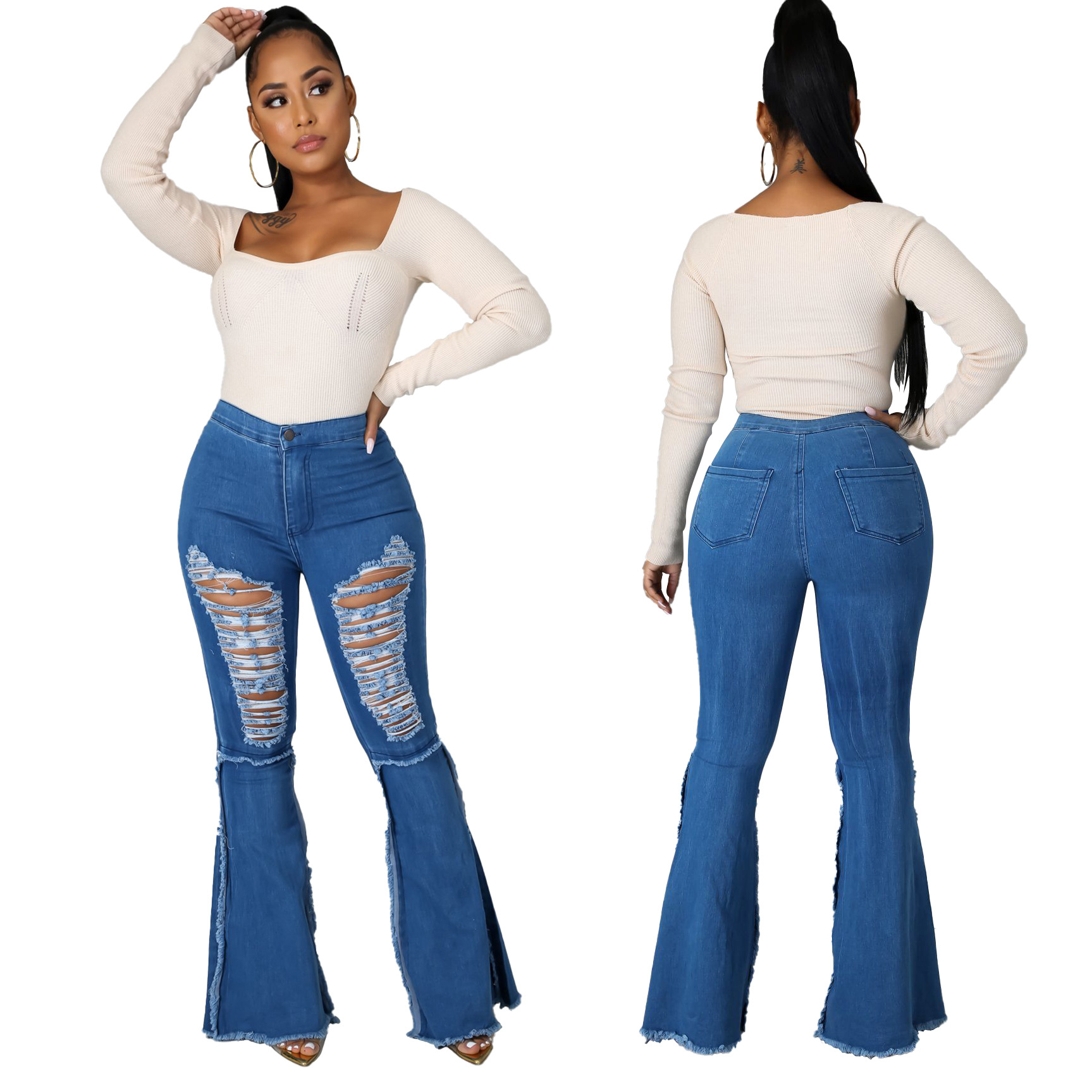 Patchwork perforated washed denim flared pants