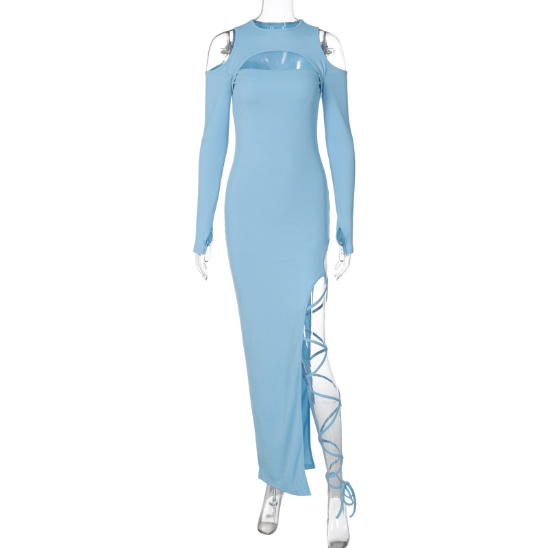 Sexy Leggings Slit Solid Color Long-Sleeved Hollow Dress