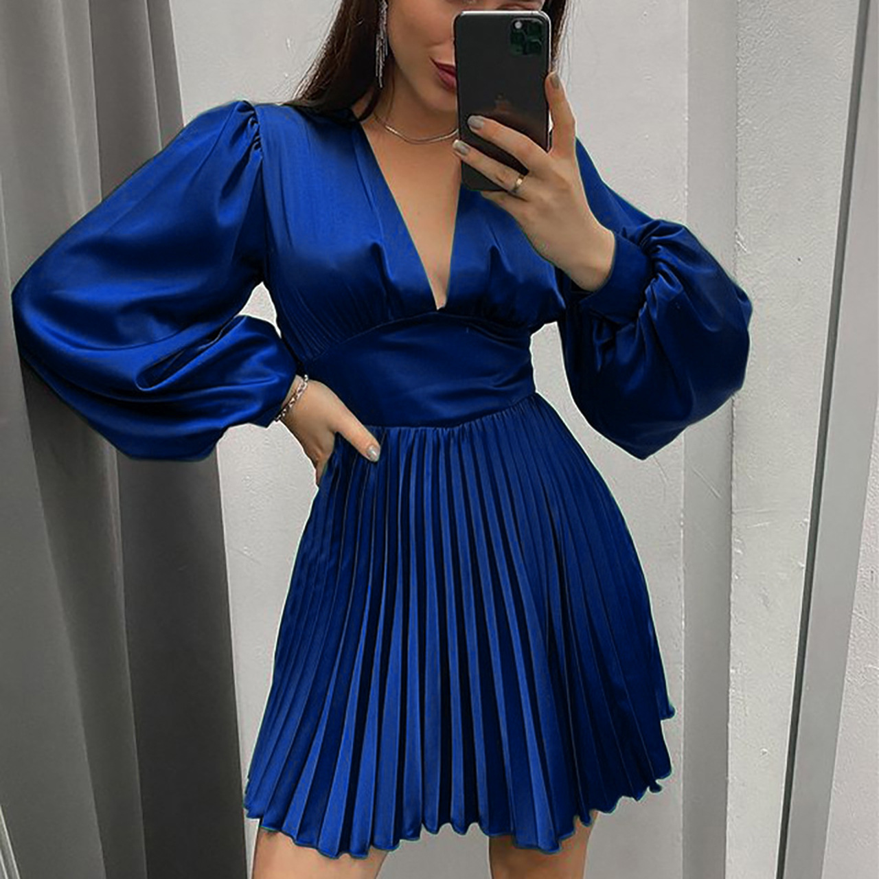 Plus Size Dress Amazon New Autumn and Winter Long Sleeve Pleated Satin Satin A  line High Waist Dress