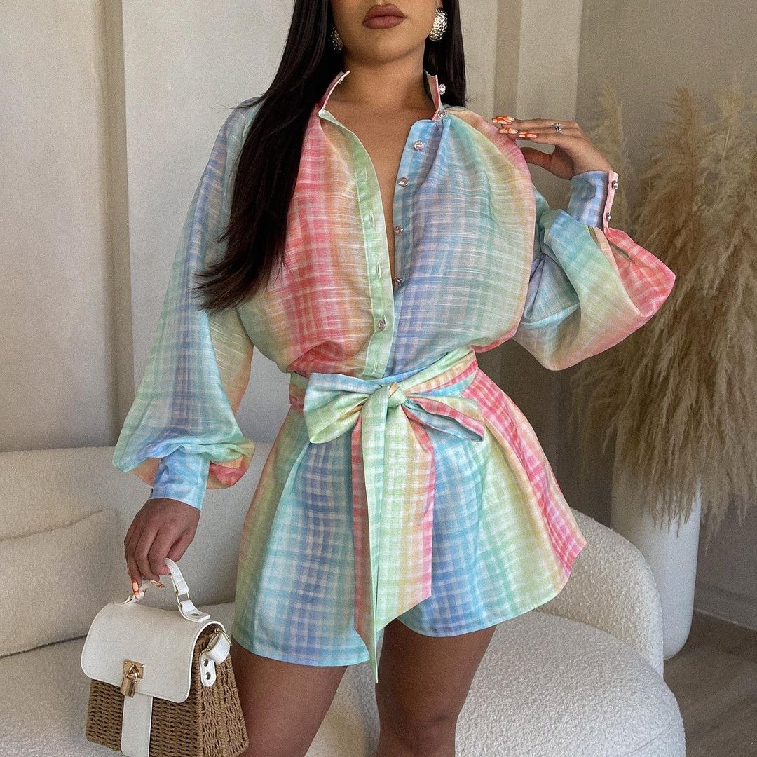 Sexy printed lantern sleeve jumpsuit shorts