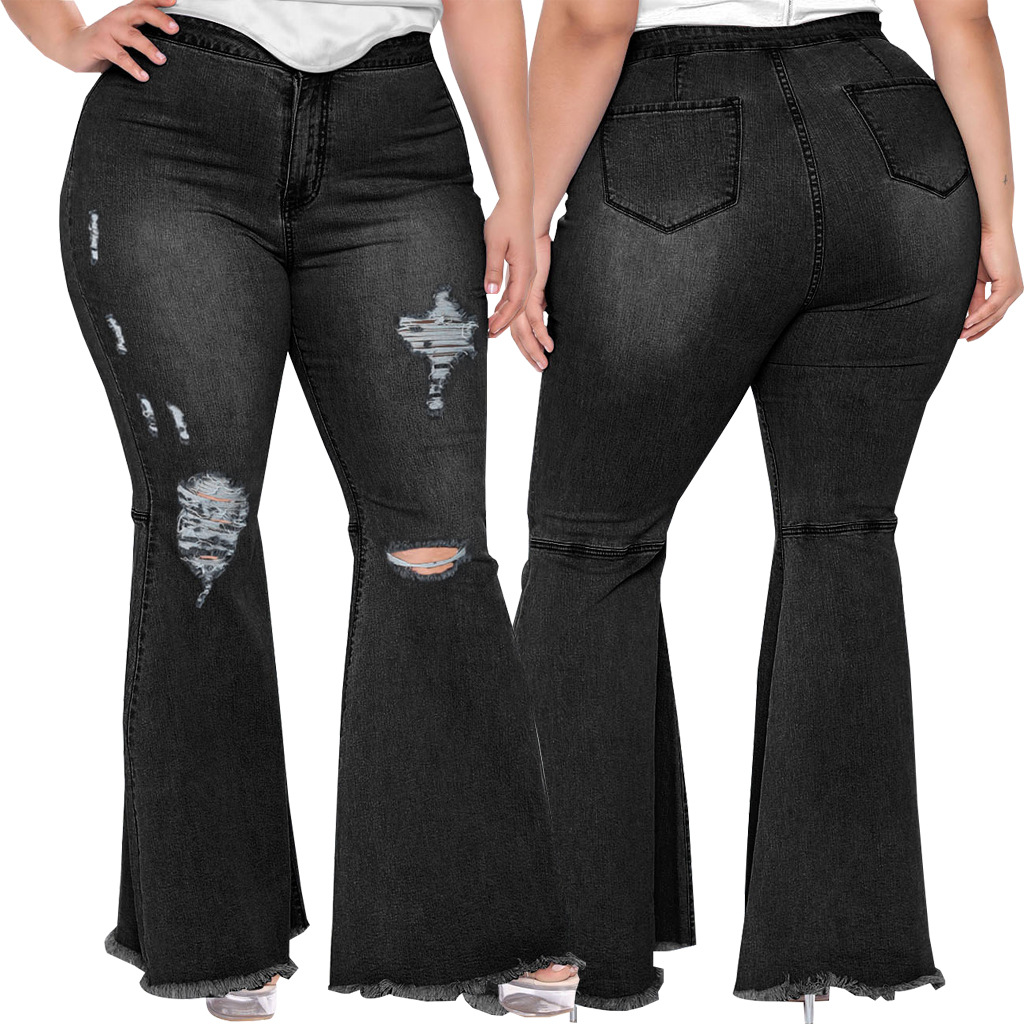Fashion Slim Fit Wide Leg Perforated Plus Size Flare Jeans