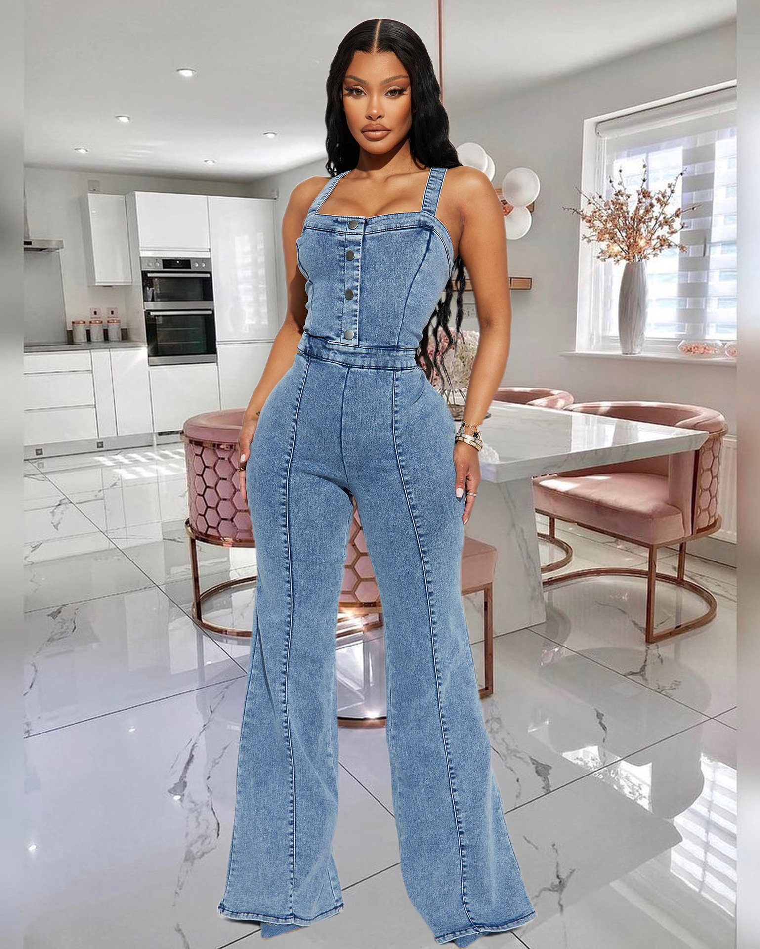Fashionable casual sexy shoulder strap denim jumpsuit