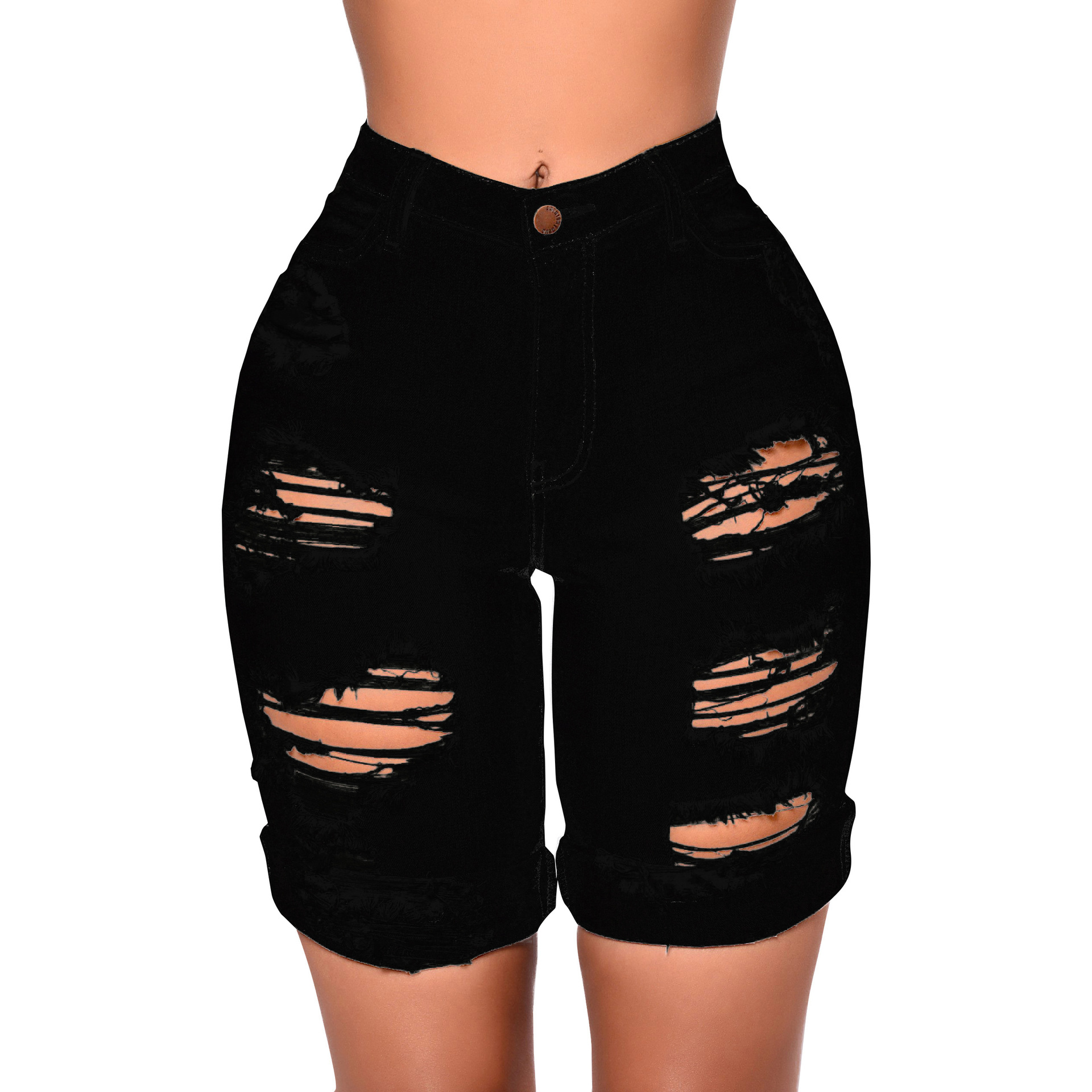 Fashionable water wash hole high waist jeans