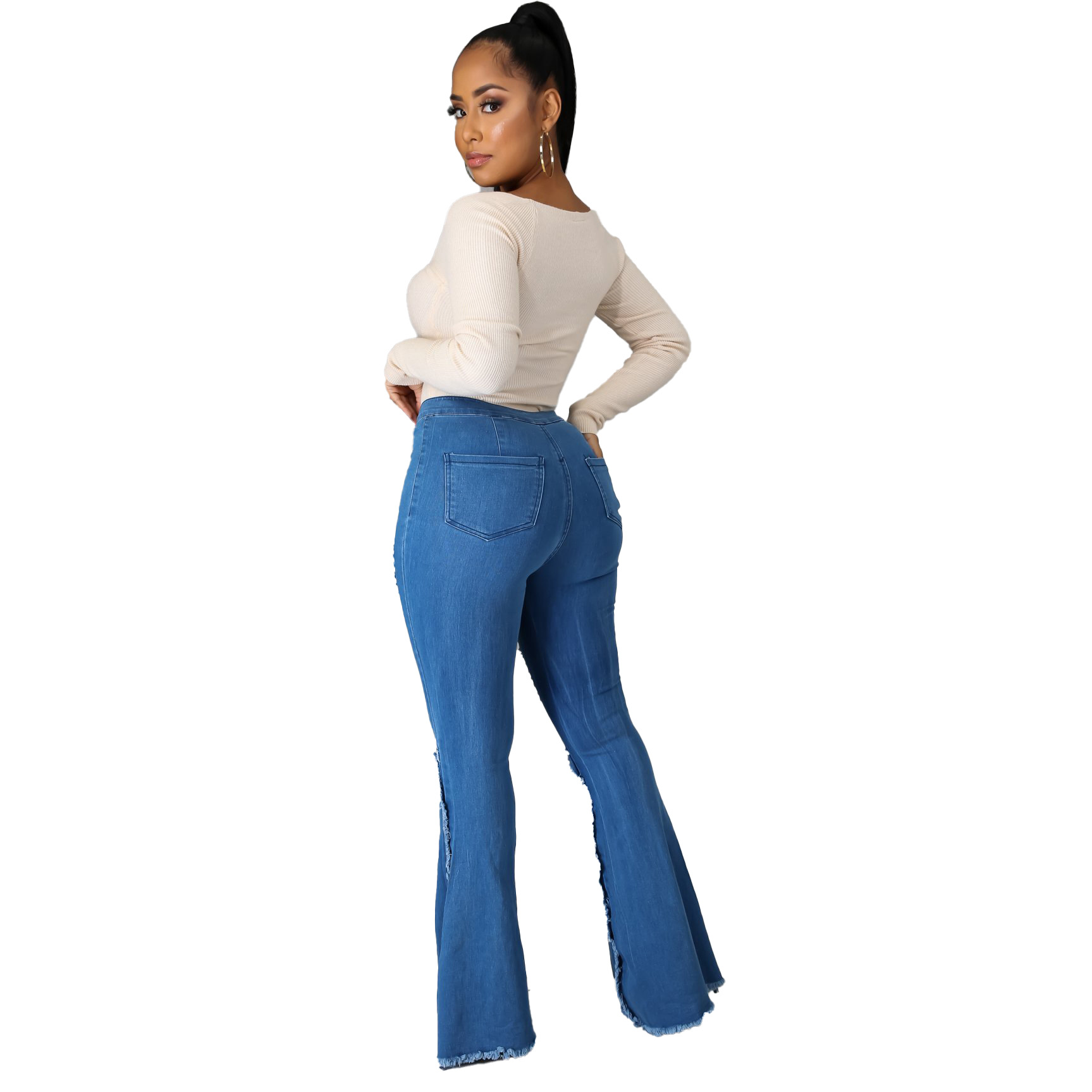 Fashion stitching hole washed jeans flared pants