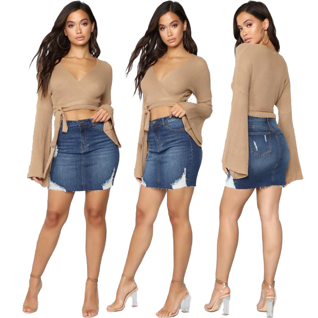 Fashion denim skirt with holes and buttocks