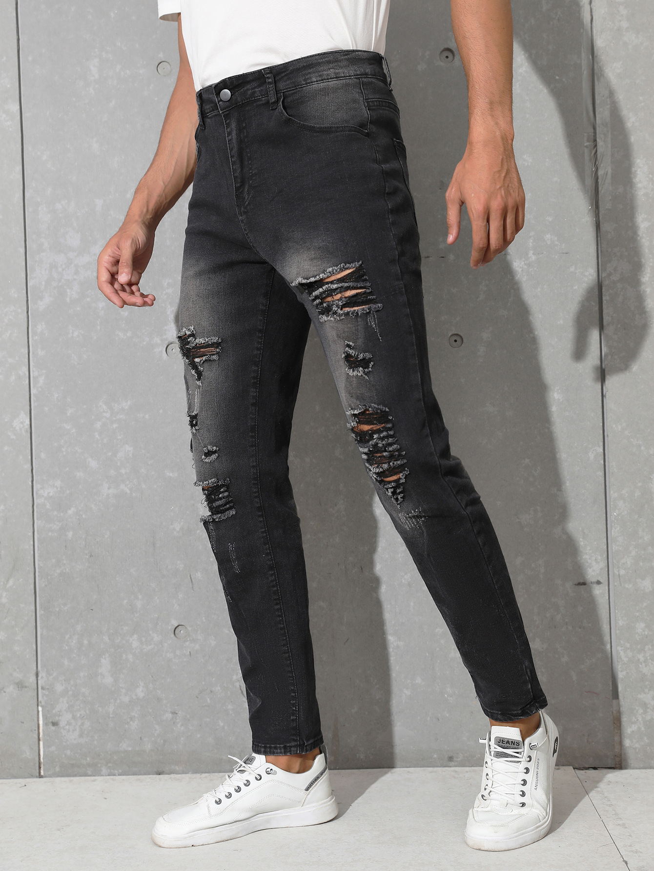Casual men's stretch pierced dark gray jeans