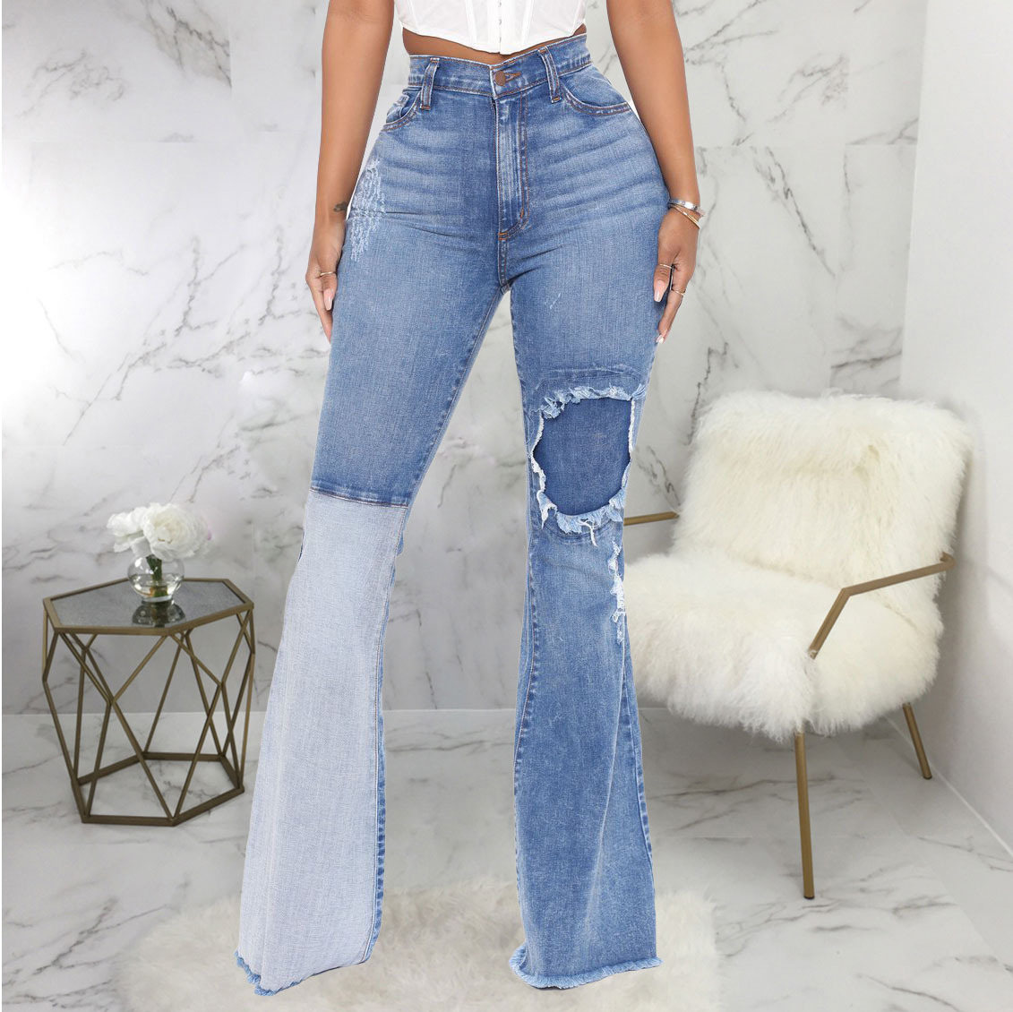 Sexy fashion stitched jeans with holes