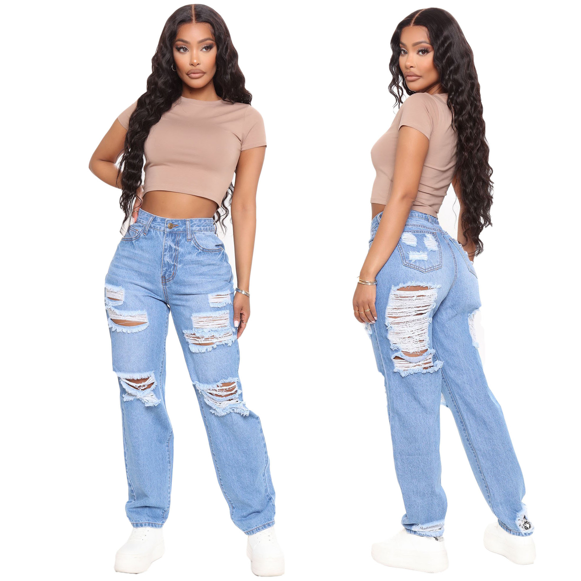 Casual loose High Waist Wide Leg Jeans with holes