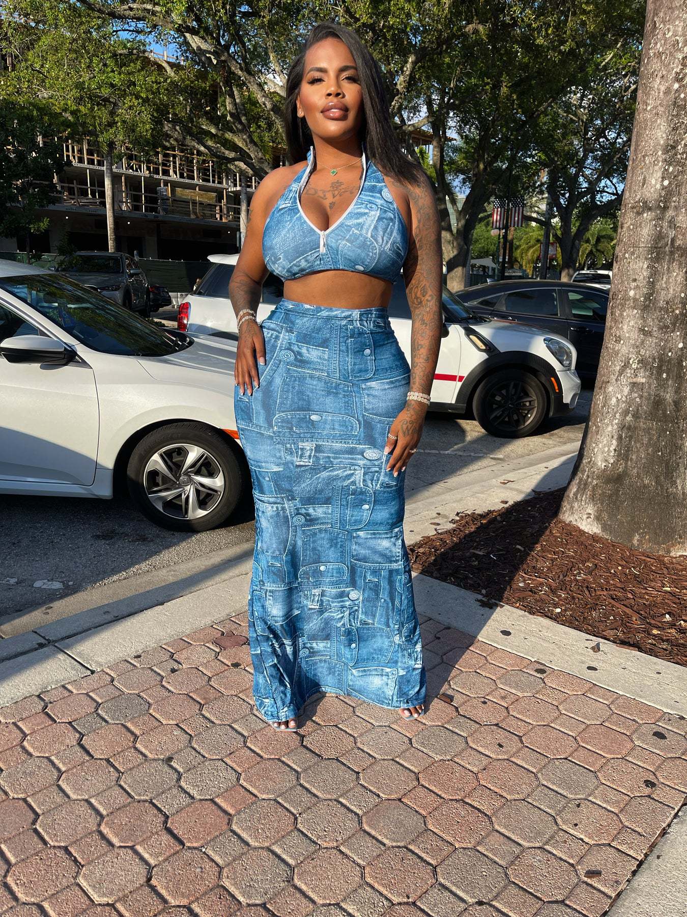 Denim print hanging neck wrap chest open back skirt suit