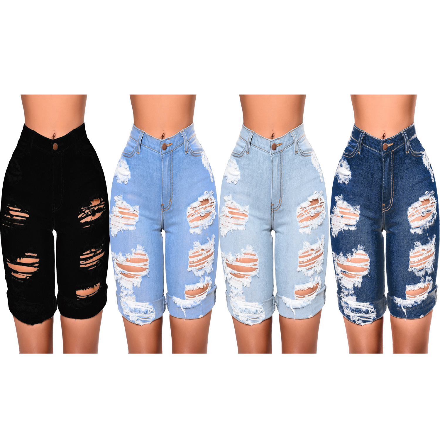 Fashionable water wash hole high waist jeans