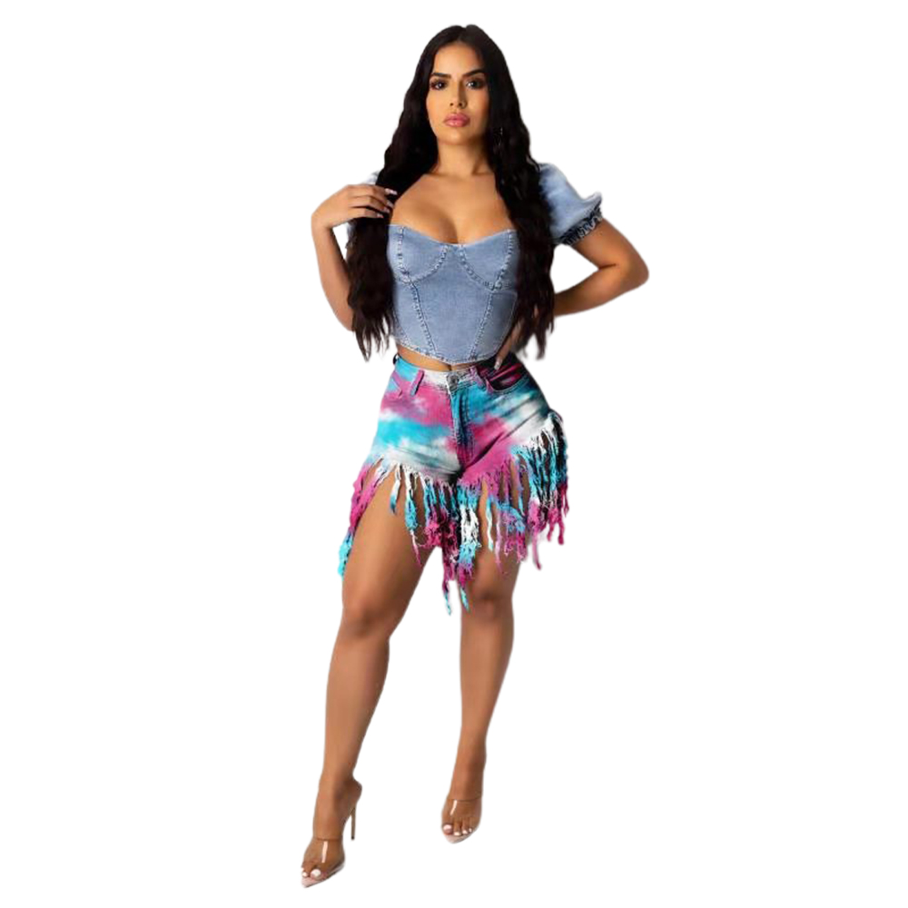 Tie dyed denim shorts with tassels