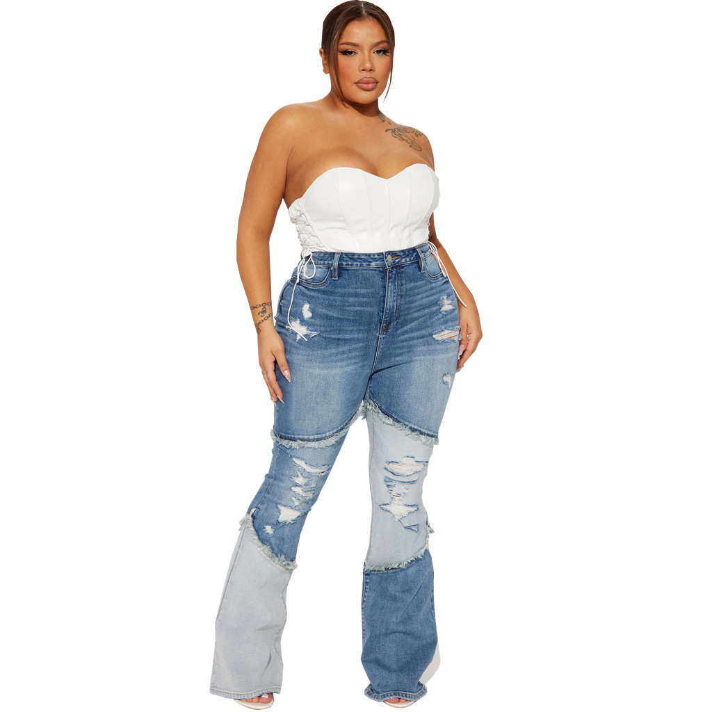 Sexy fashion versatile tassel hole stretch slim Bell-bottoms