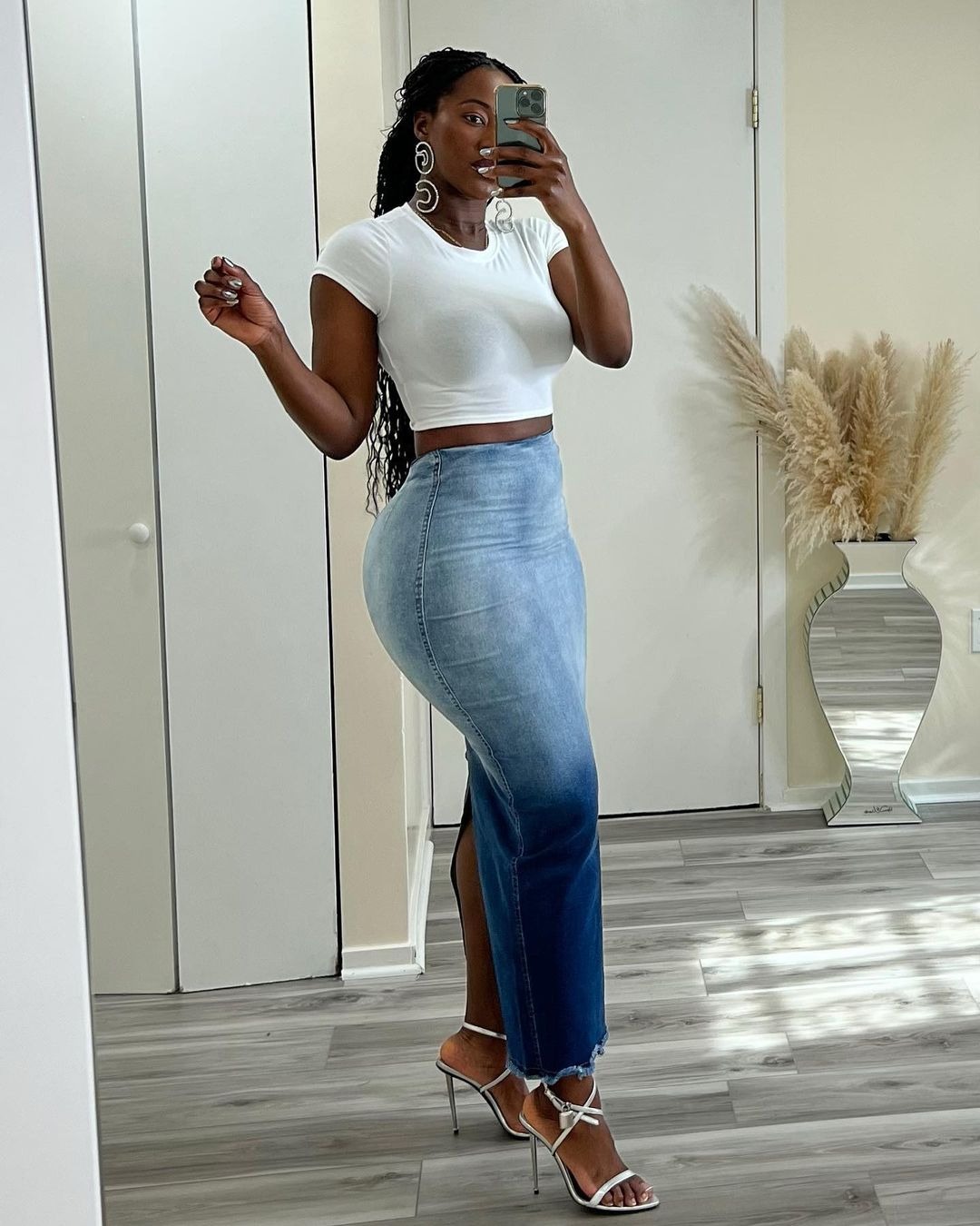 Fashion Burnt Flower Split Tassel Denim Skirt