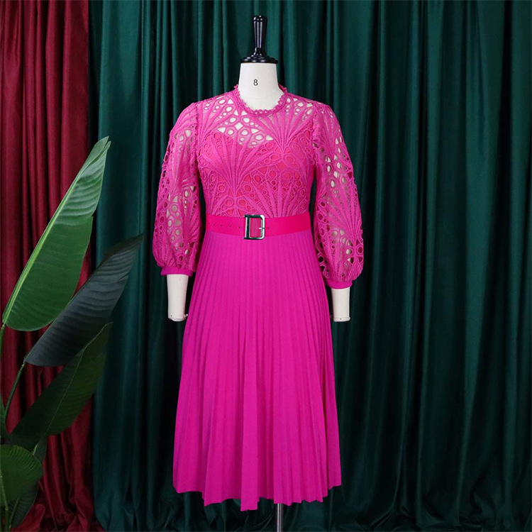 Plus Size Dress Puff Sleeve Lace Party Wear Belt Plus Size Autumn Women Pleated Dress