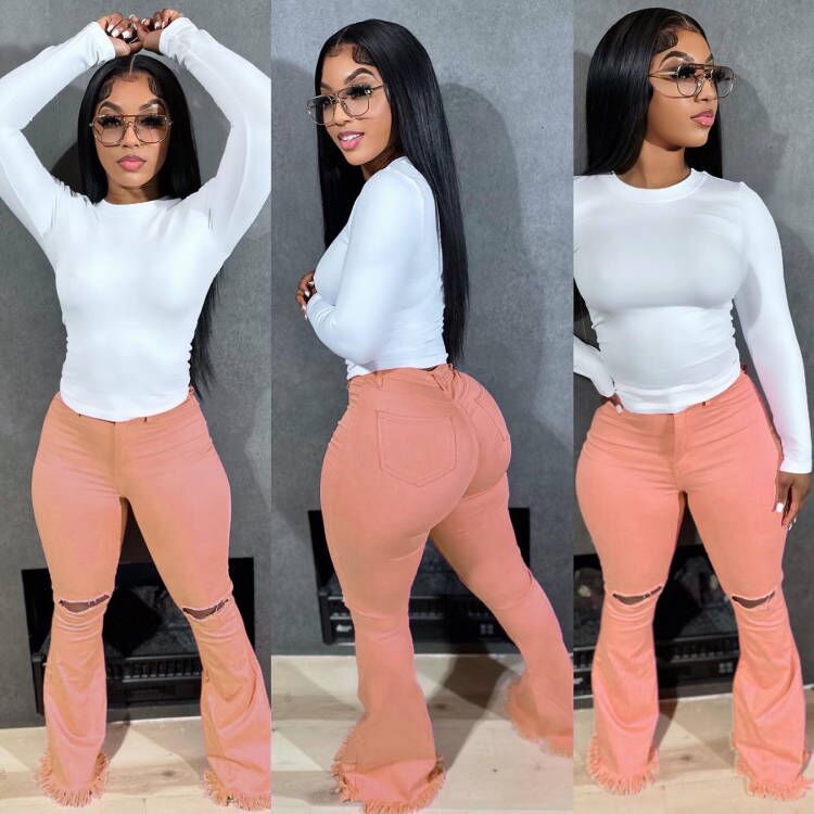 High Waist Perforated Pants Flare Jeans