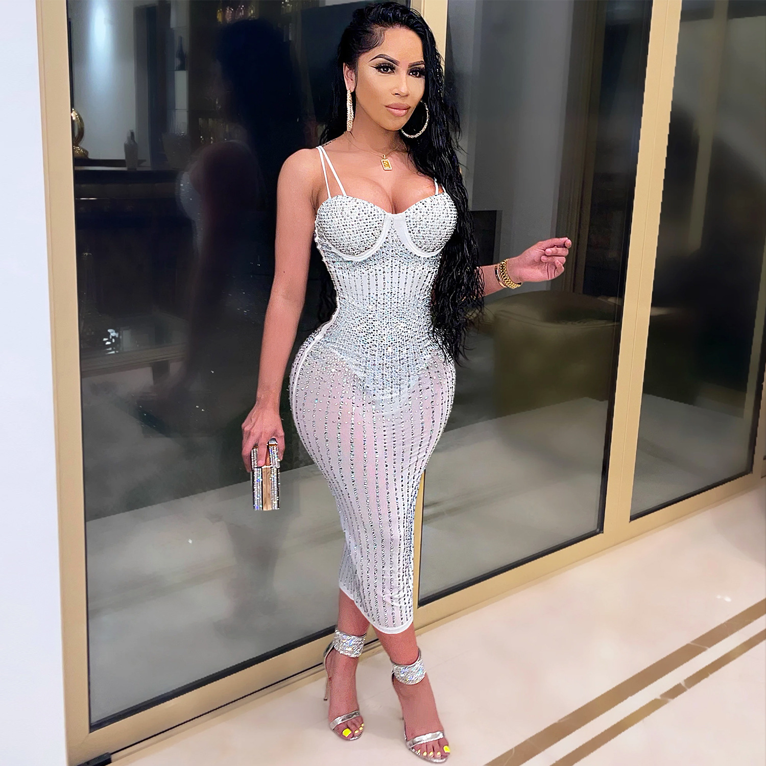 Fashion women's wear Party nightclub mesh see-through rhinestone Diamond strap dress plus size casual dress