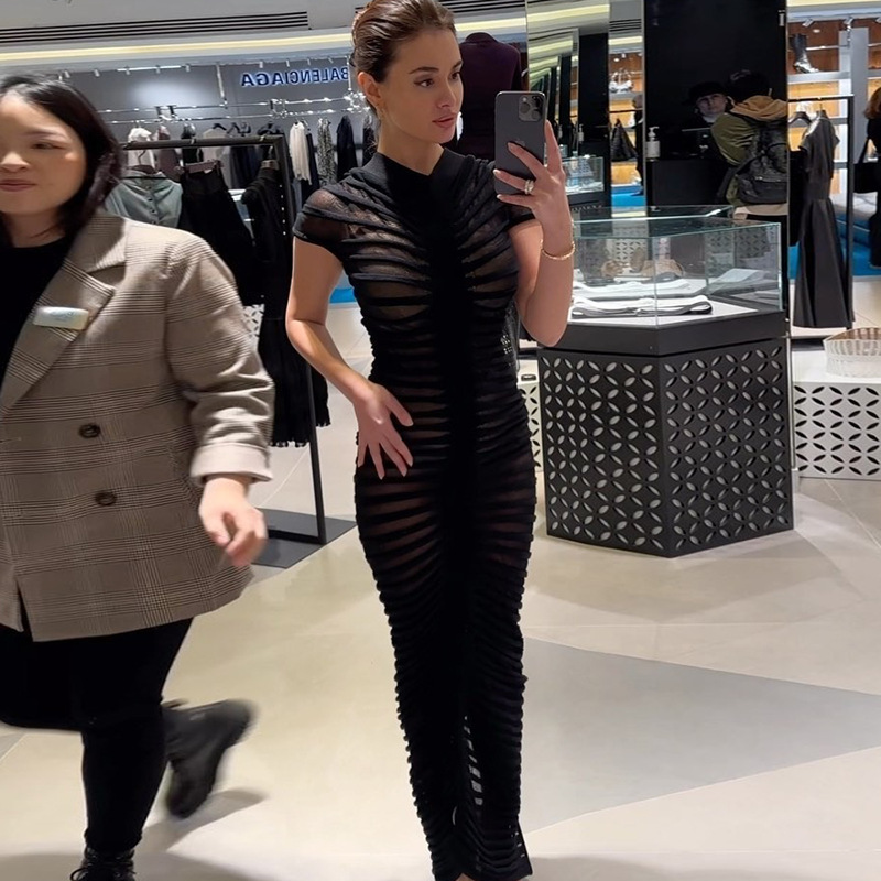 Sexy Sheer Long Cardigan Short Sleeve Button Slim Dress