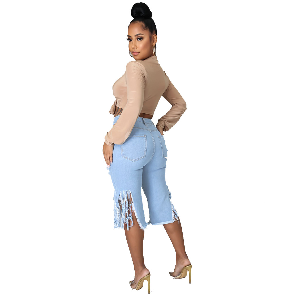 Fashion wash hole tassel High Waist Stretch Jeans