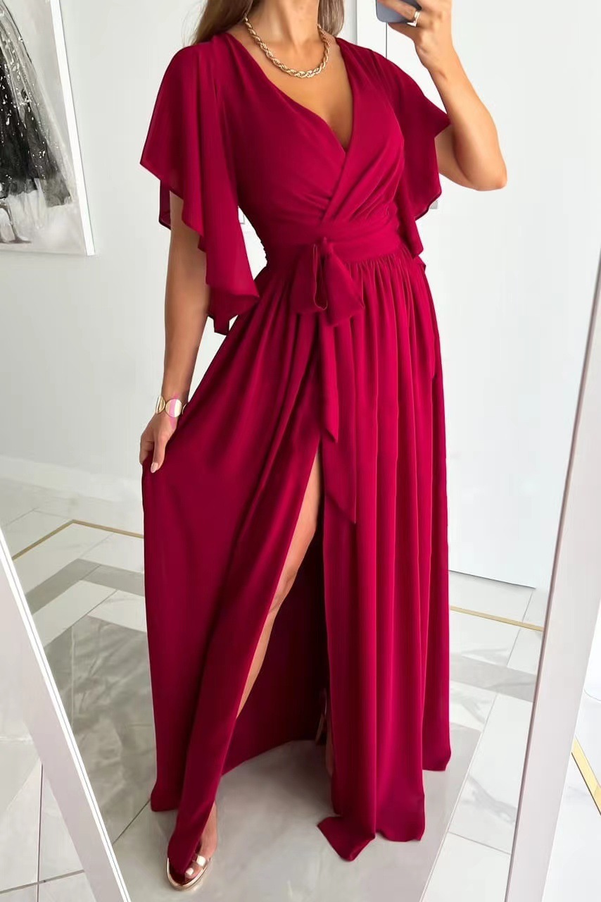 Solid Flare Sleeves Loose V-Neck Floor Dress
