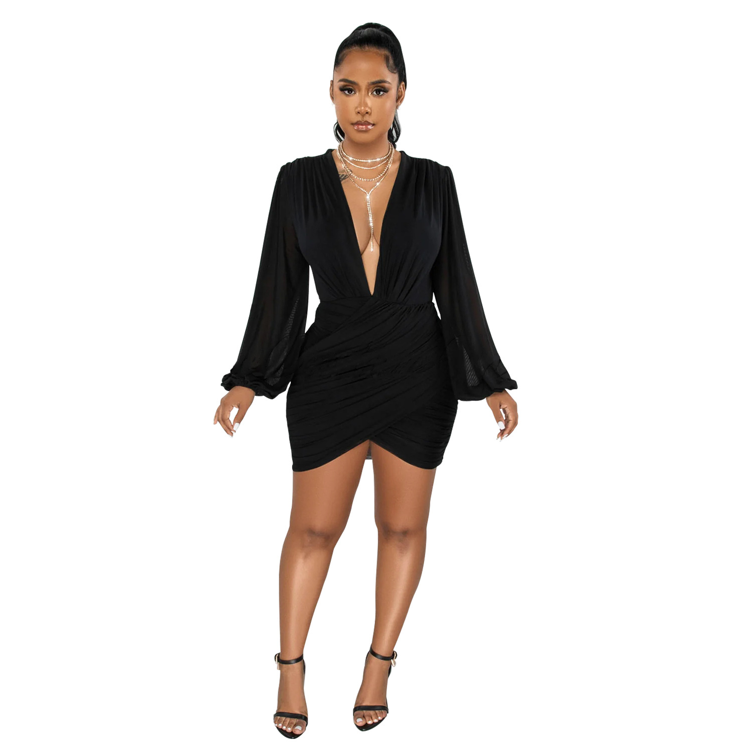 Women'S Solid Color Sexy V-Neck Long-Sleeved Pleated Dress