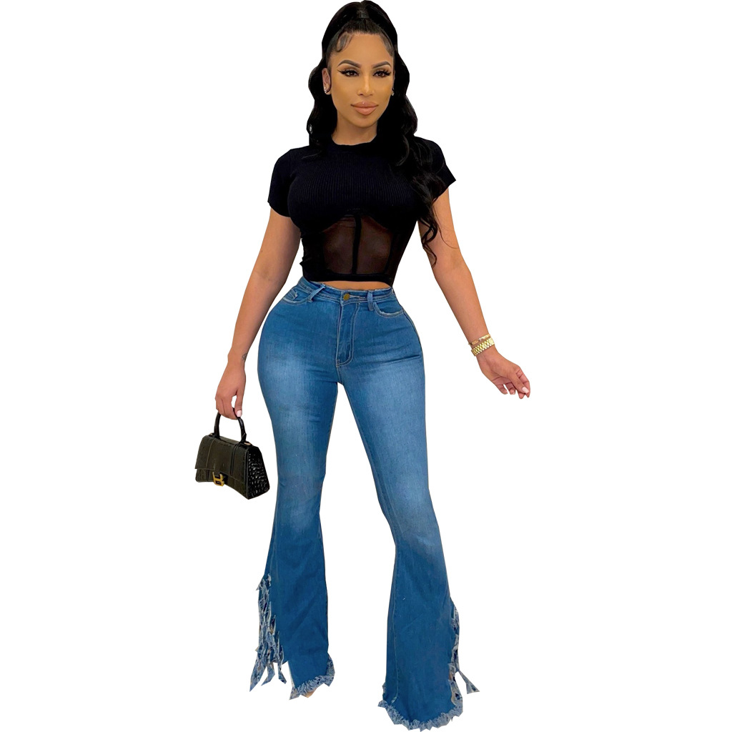 Washed elastic denim flared pants