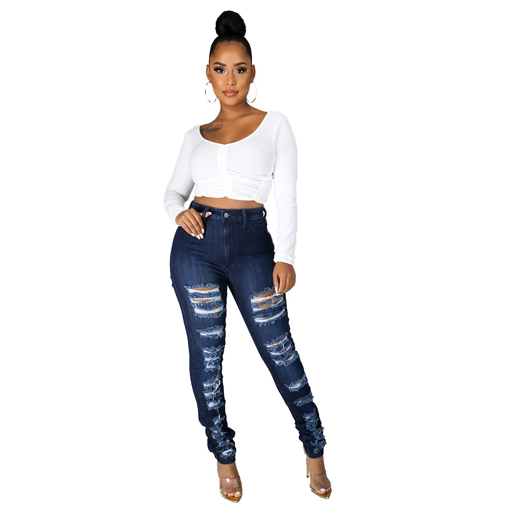 Fashion slim high waist holed jeans Leggings