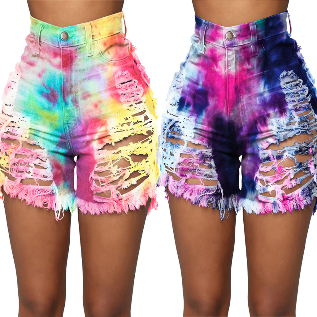 Fashion sexy pierced tie dyed denim shorts