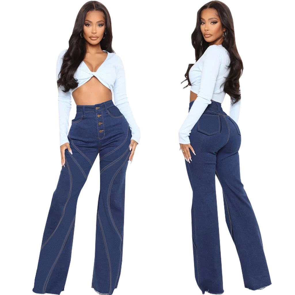 Patchwork denim elastic slim flare pants