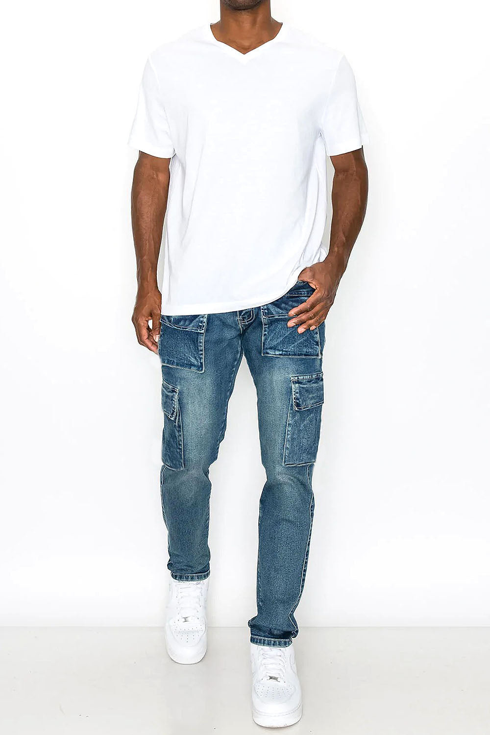 Fashion elastic side pocket jeans men's cargo pants