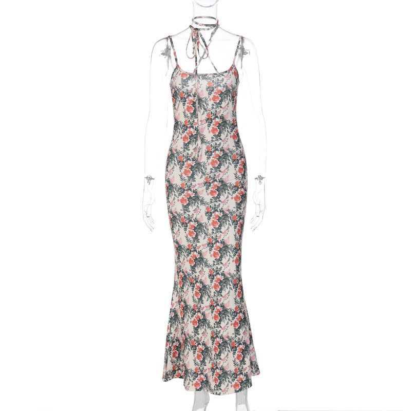 Printed Sexy Slim Fit Fragmented Flower Strap Open Back Dress