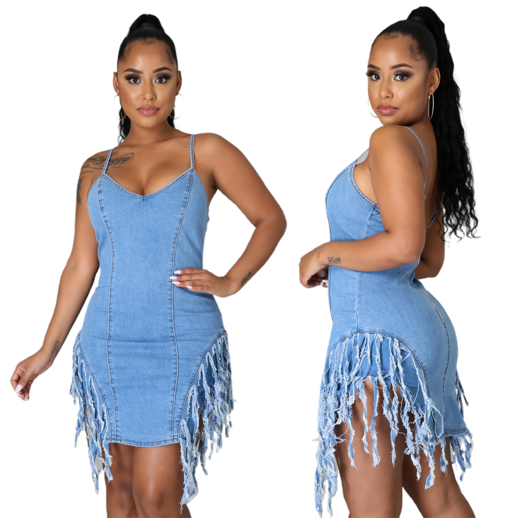 Fashionable open back denim skirt with strap