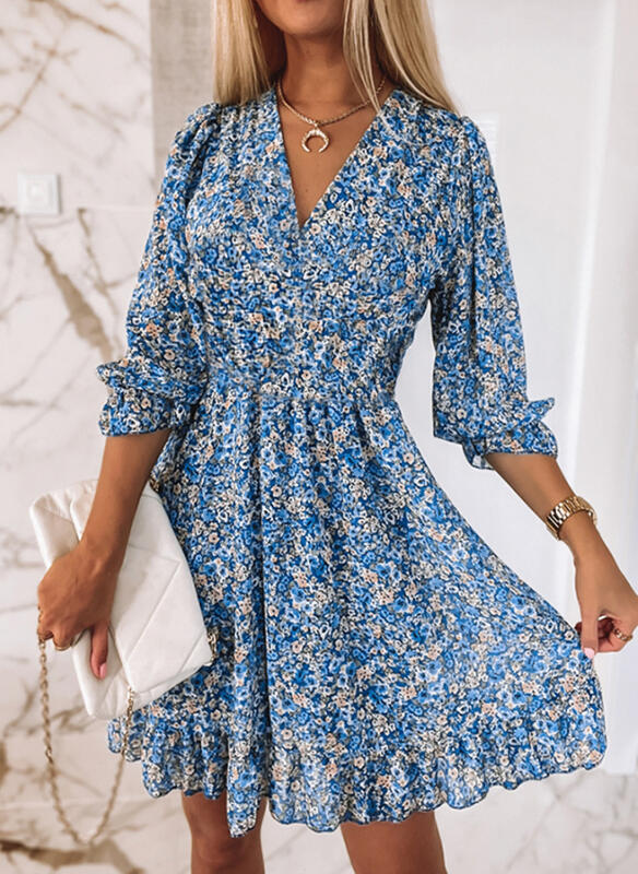 Mid-skirt pullover print short sleeve puff sleeve mid-waist floral dress plus size casual dress