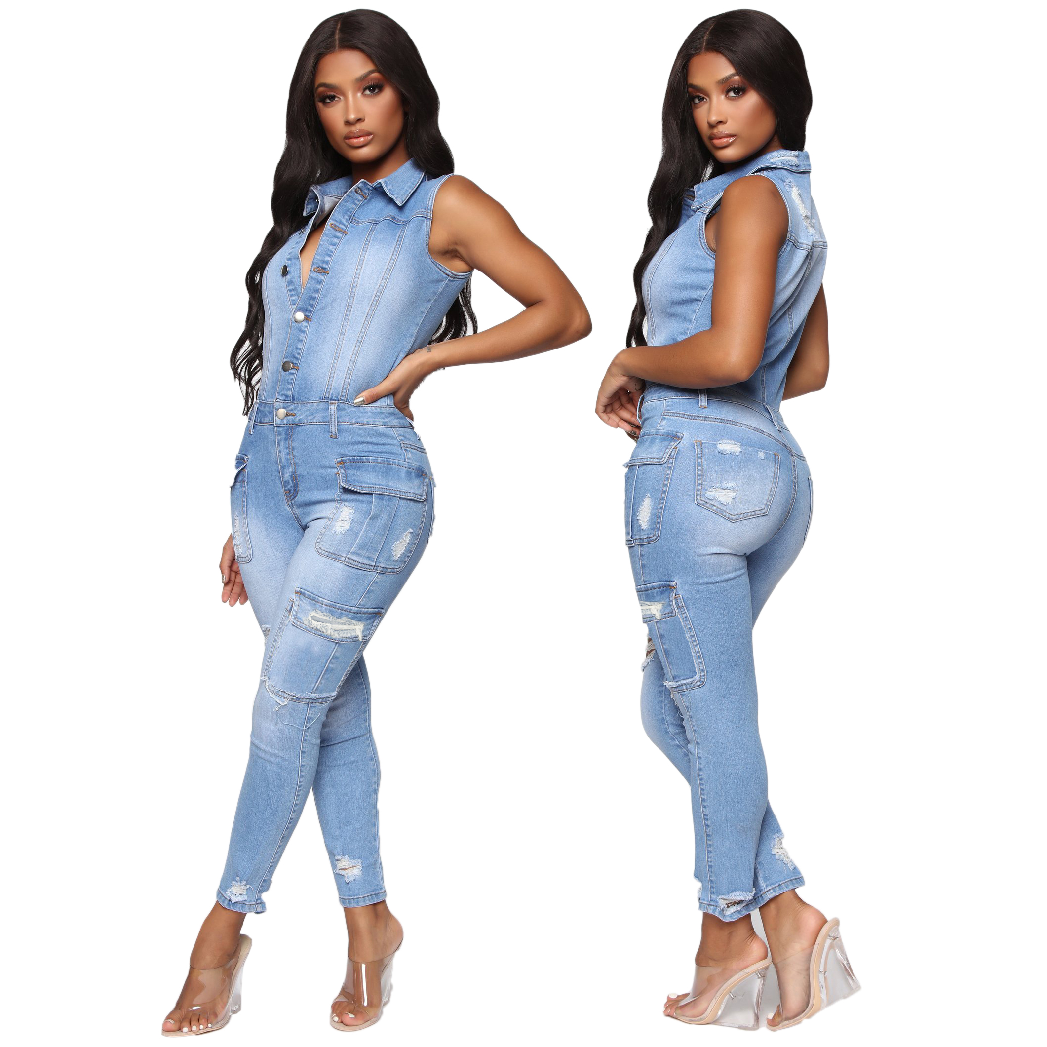 Casual slim hole denim Jumpsuit