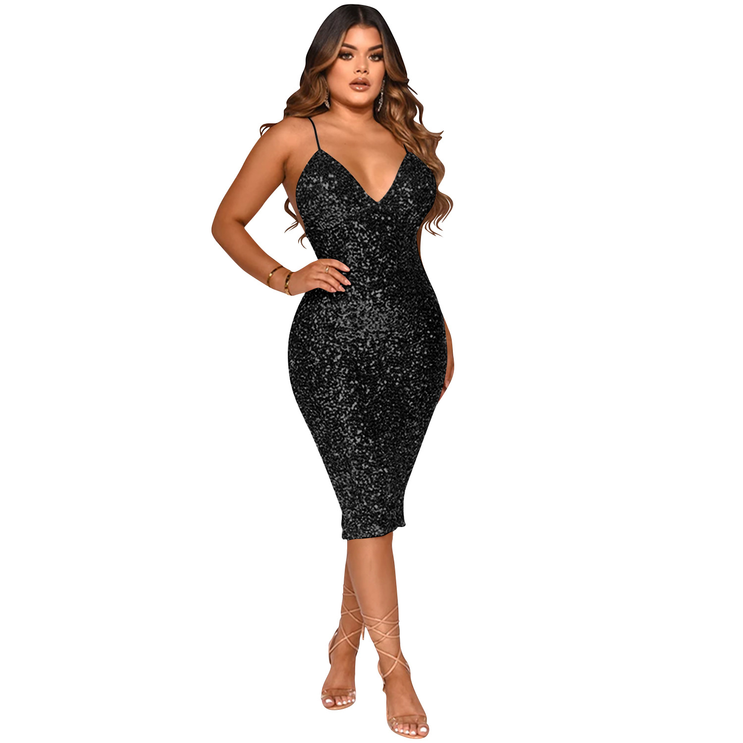 Casual Dress new pure color sequins sexy V neck brace midi dress for women