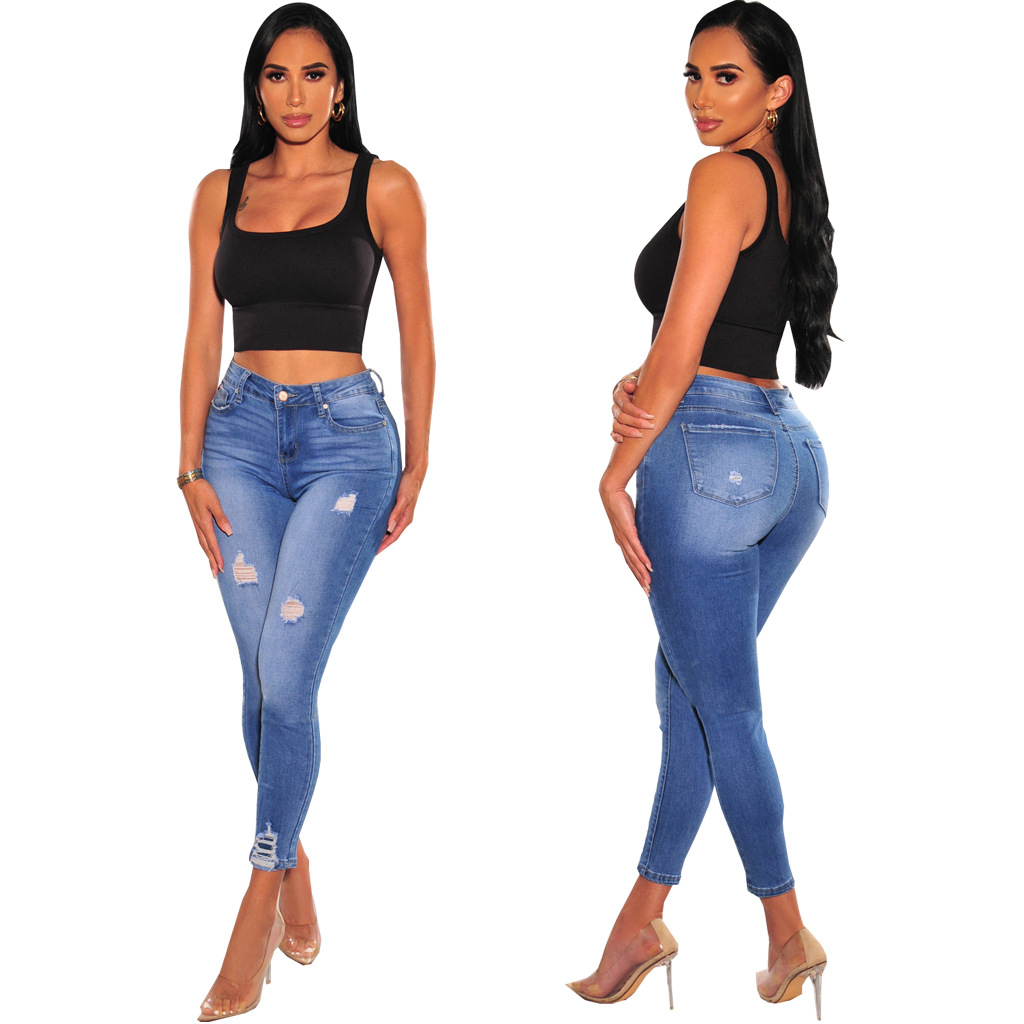 Fashionable slim and versatile stretch jeans Slim-fit pants with holes