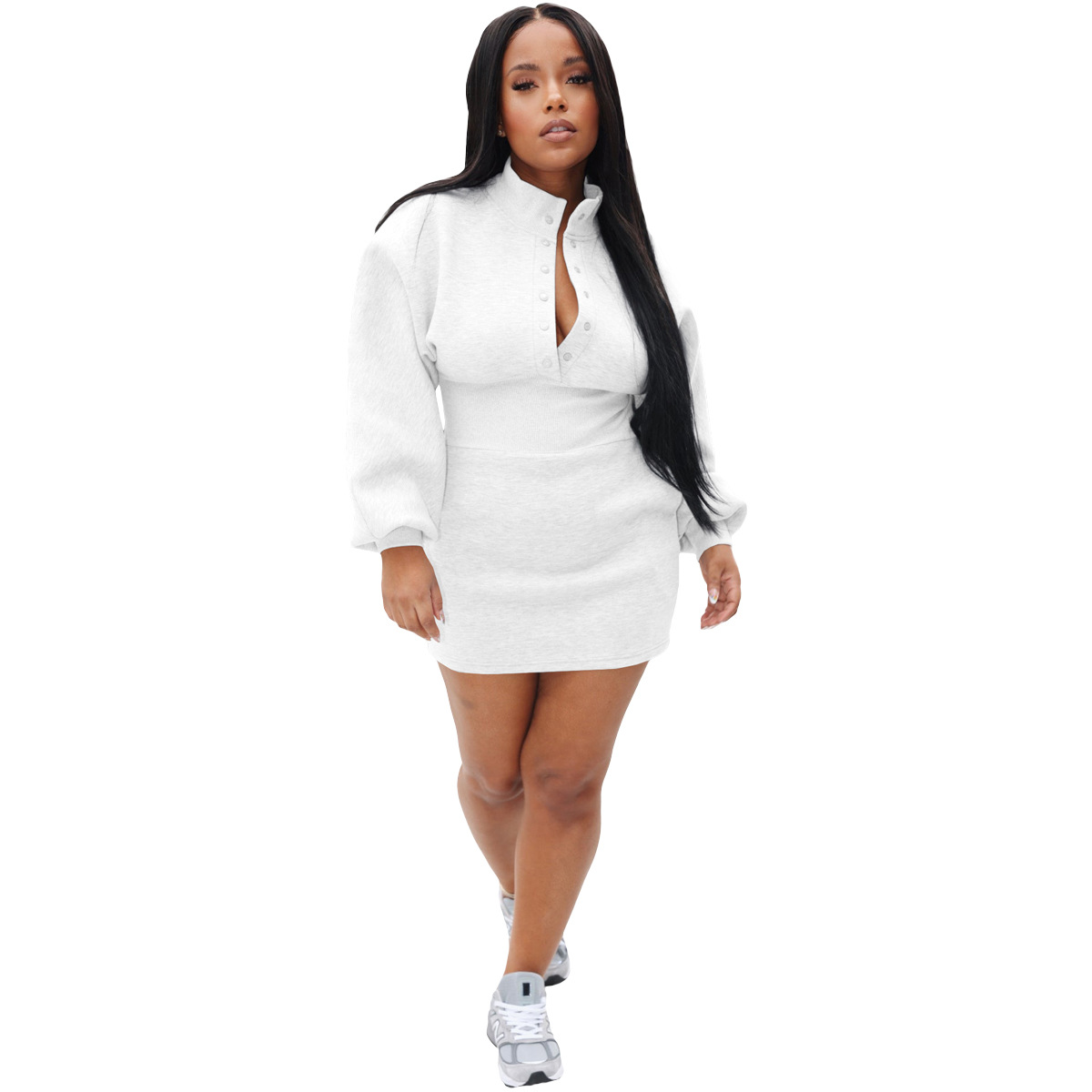 Plus size dress European and American autumn winter sweater fabric thread waist casual dress