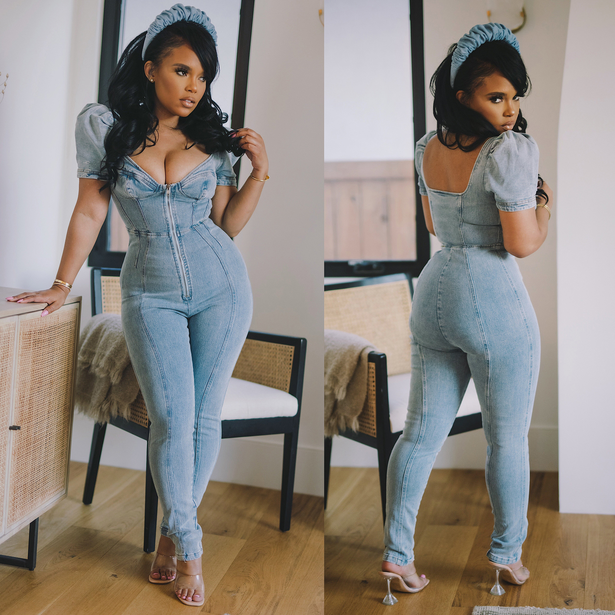 Fashion slim bubble sleeve Jumpsuit jeans